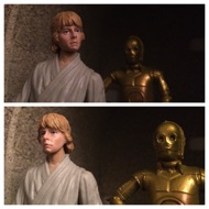 Threepio approaches Luke, who is standing in the entrance of the Cantina wide-eyed over the sights before him. #starwars #anhwt #toyshelf